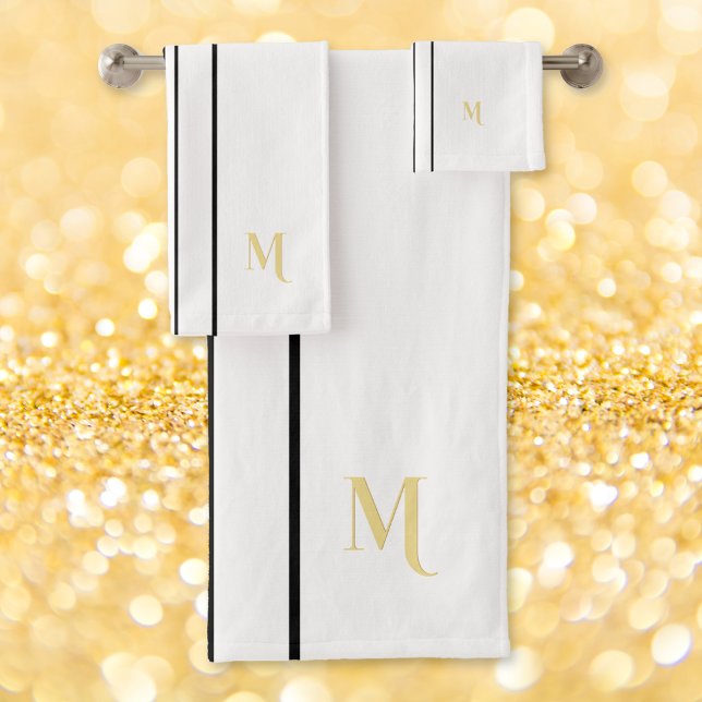 Conjunto De Toalhas Bandas Douradas, Monogramas, brancas (Faux Gold Monogrammed Black Racing Stripes White Bath Towel Set)