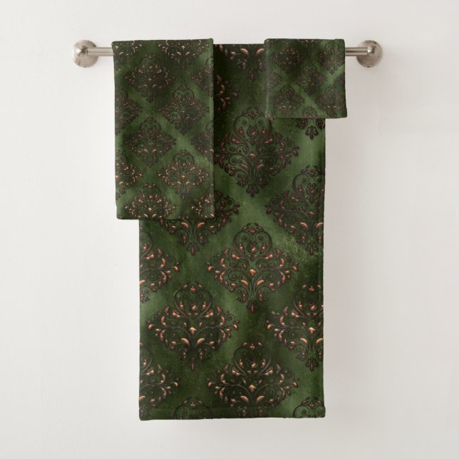 Conjunto De Toalhas Banheira de Bronze de Damasco Verde Elegante (Insitu)