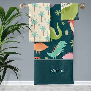 Conjunto De Toalhas Banheira de Garoto Azul Monograma com Padrão Dino