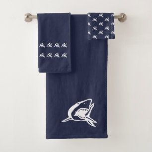 Conjunto De Toalhas Banheira de tubarões Oc Azul e branco