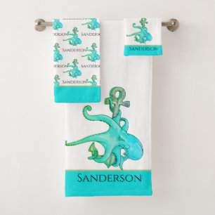 Conjunto De Toalhas Banheira Náutica Costeira Octopus Azul Teal