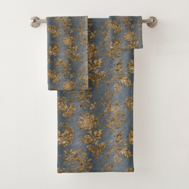 Conjunto De Toalhas Banheiro Elegante Dourado Azul Faux (Insitu)