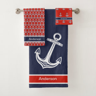 Conjunto De Toalhas Banho Branco Vermelho Azul, Azul, Ancorado Náutico
