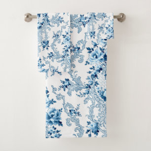 Conjunto De Toalhas Banho Floral do Rococo Branco e Azul T