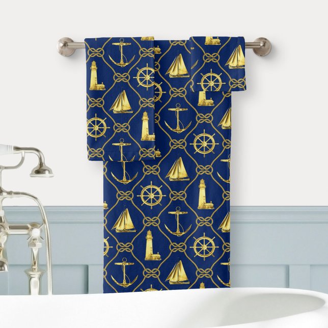 Conjunto De Toalhas Banhroom Náutico Decoração Dourada Marinho Anchor  (Criador carregado)