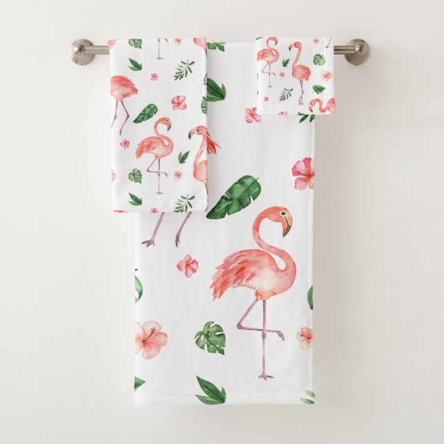 Conjunto De Toalhas Banhroom Tropical Rosa Flamingo Patterno (Insitu)