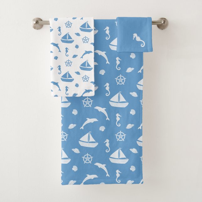 Conjunto De Toalhas Barco à Vela Tema Oceano | Azul Náutico e Branco (Insitu)
