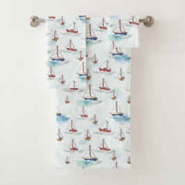 Conjunto De Toalhas Barcos de Navegação Vermelha Serene Azul no Padrão