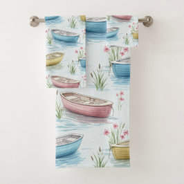 CONJUNTO DE TOALHAS BARQUINHAS ROSA AZUL AMARELO PASTEL NA ÁGUA