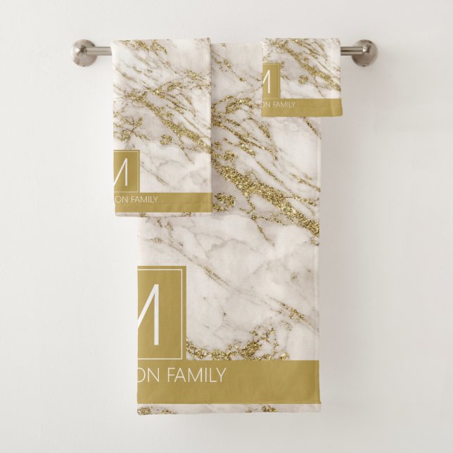 Conjunto De Toalhas Basta Marble Monograma Dourado e branco ID672 (Insitu)