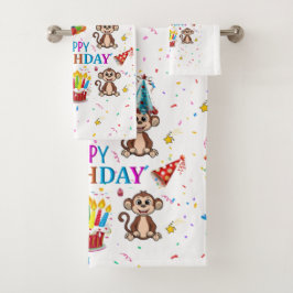 Conjunto De Toalhas Bath Towel Sets, Happy Birthday Monkey Cupcake