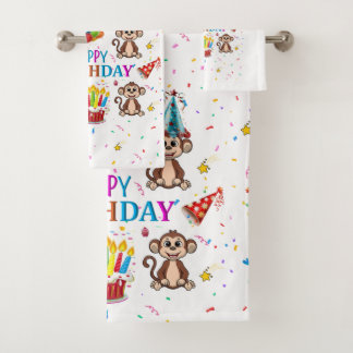Conjunto De Toalhas Bath Towel Sets, Happy Birthday Monkey Cupcake