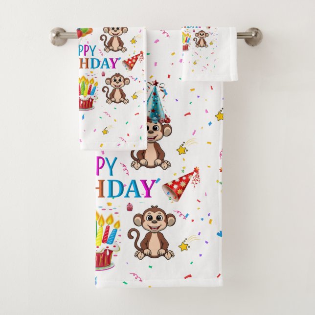 Conjunto De Toalhas Bath Towel Sets, Happy Birthday Monkey Cupcake (Insitu)