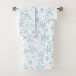 Conjunto De Toalhas Bath Towels Blue Snowflakes Falling On White