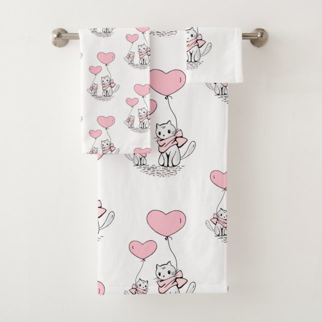 Conjunto De Toalhas Bathroom Towel Sets Valentine's Day Cat Pink Heart (Insitu)