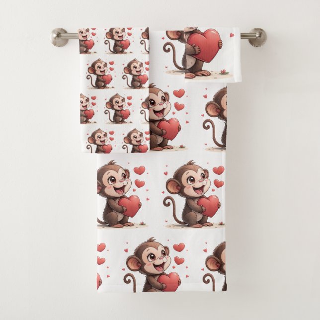 Conjunto De Toalhas Bathroom Towel Sets Valentine's Monkey Red Heart (Insitu)