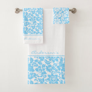 Conjunto De Toalhas Bebê Azul E Damasco Branco