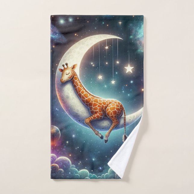 Conjunto De Toalhas Bebê Girafa Celestial Dormindo na Lua e Estrelas (Toalha de mão)