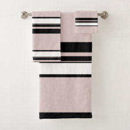 Conjunto De Toalhas Bege Rosa Branco Listras Pretas Listrado Elegante