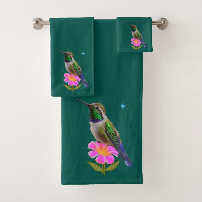 Conjunto De Toalhas Beija-flor e Flor Modernos em Azul Verde (Insitu)
