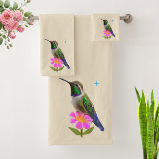 Conjunto De Toalhas Beija-flor e Flor Modernos em Bege Areia Claro