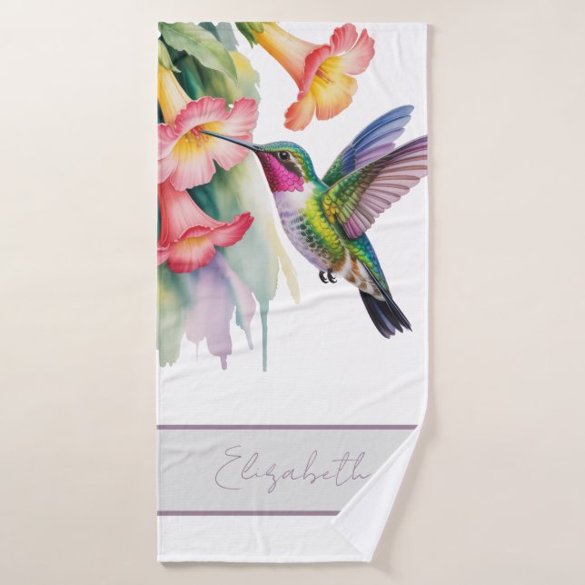 Conjunto De Toalhas Beija-flor em Aquarela com Flores (Toalha de Banho)