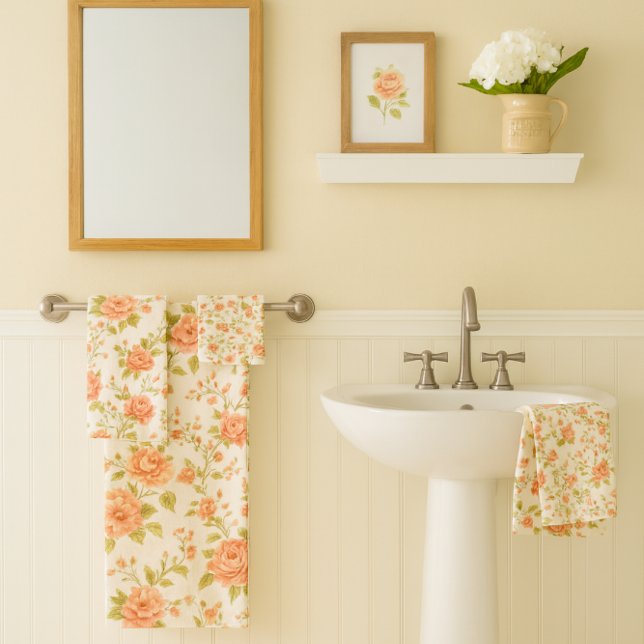 Conjunto De Toalhas Beijo de Pêssego Rosa Floral   (Peach blush rose towel set mockup.)
