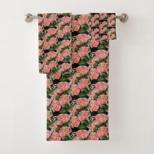 Conjunto De Toalhas Belas Flores Cor-de-Rosa no Preto