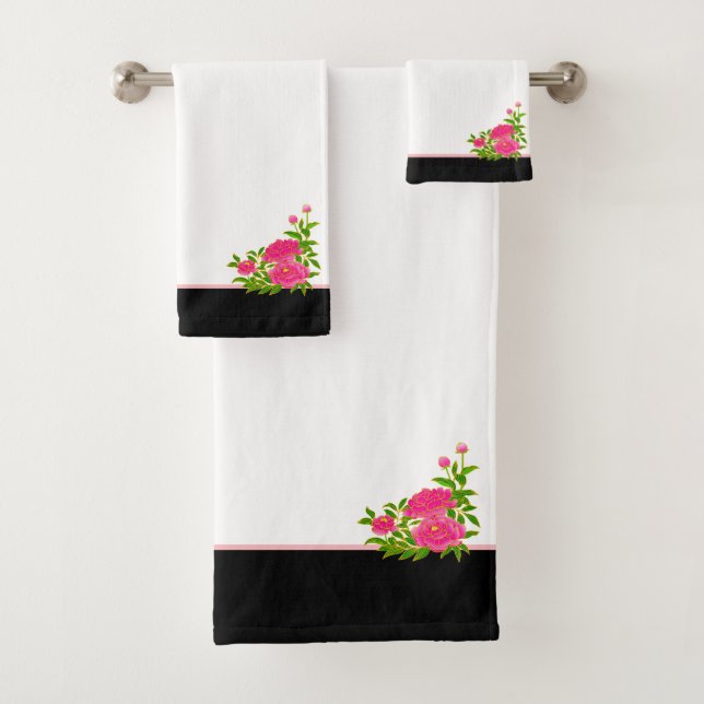 Conjunto De Toalhas Belas flores de peônia rosa em preto e branco (Insitu)
