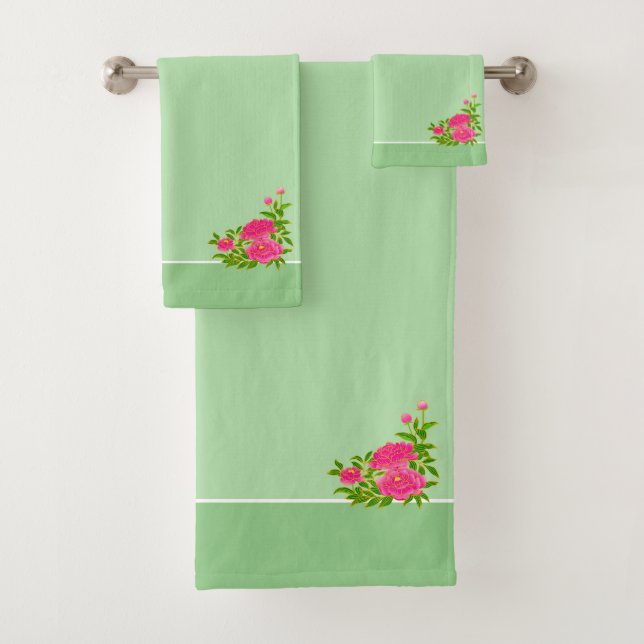 Conjunto De Toalhas Belas flores de peônia rosa & verde oliva (Insitu)