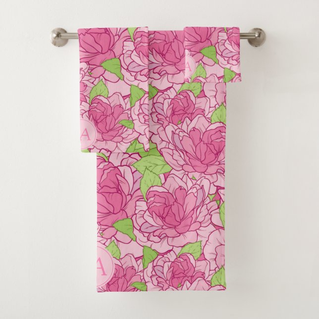 Conjunto De Toalhas Belas Rosas Cor-de-Rosa Monogramadas (Insitu)