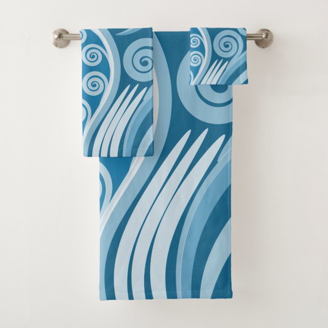 Conjunto De Toalhas Belo Blue Koru Fern Frond Swirls Towls Set (Insitu)