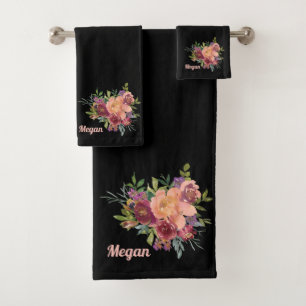 Conjunto De Toalhas Belo Buquê Floral Rústico Preto Macio