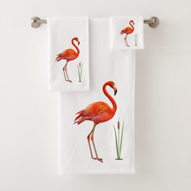 Conjunto De Toalhas Belo Flamingo Rosa e Planta de Junco sobre Branco (Insitu)