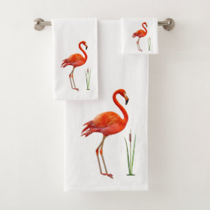 Conjunto De Toalhas Belo Flamingo Rosa & Planta de Junco em Branco