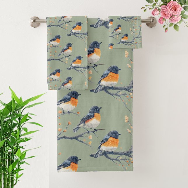 Conjunto De Toalhas Belo Padrão de Pássaros em Verde Sage (Criador carregado)