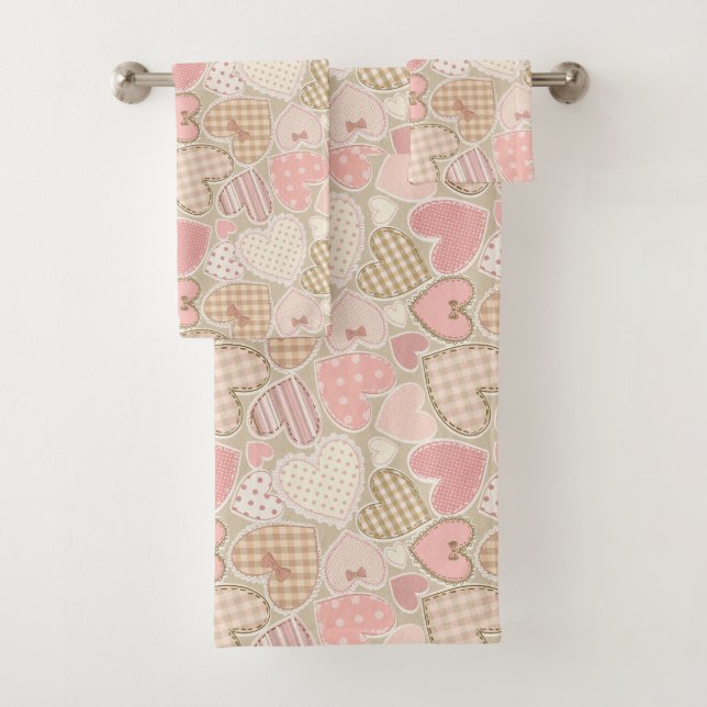Conjunto De Toalhas Belo "Patchwork Quilt Pattern Pink Hearts" Arcos (Insitu)