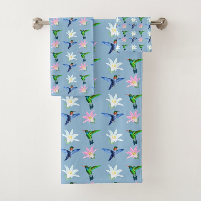 Conjunto De Toalhas Belos Beija-flores e Flores em Azul Claro (Insitu)