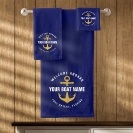 Conjunto De Toalhas Bem-vindo a Bordo Barco Azul Ouro Âncora Náutica
