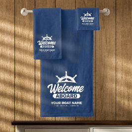 Conjunto De Toalhas Bem-vindo a bordo com nome de barco azul marinho p