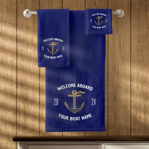 Conjunto De Toalhas Bem-vindo a bordo Nome do barco Azul Naval & Doura