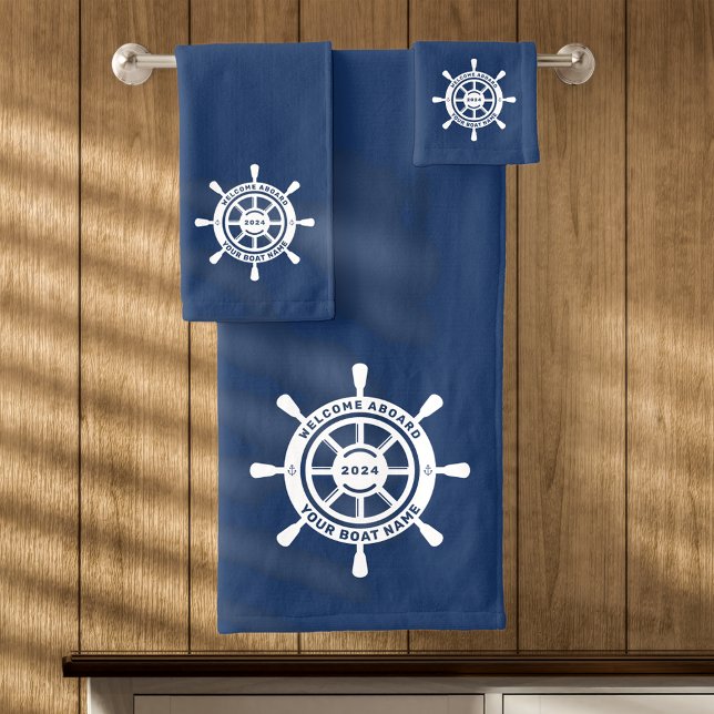 Conjunto De Toalhas Bem-vindo Marinho Azul Nome do Barco Personalizado (Criador carregado)