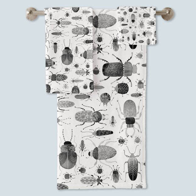 Conjunto De Toalhas Besouro Preto e Branco (Inky black and white beetle painting towel set for bug and nature lovers.)
