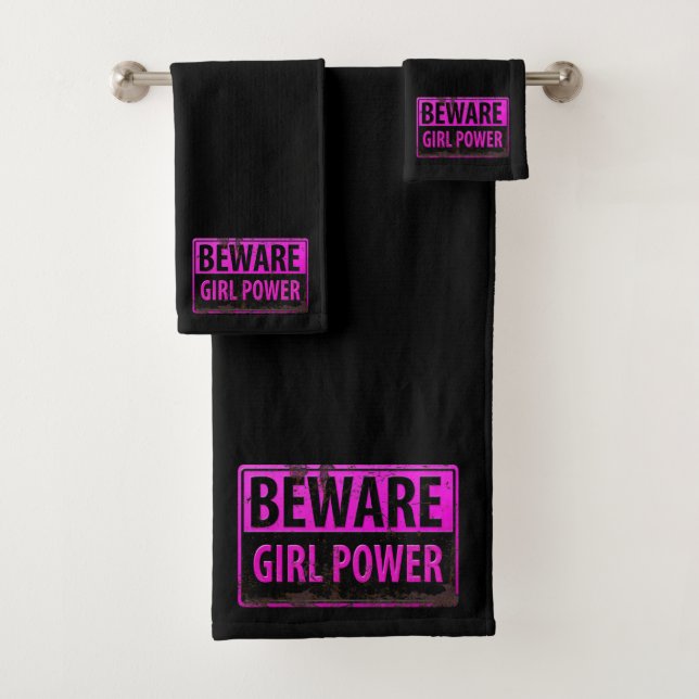 Conjunto De Toalhas BEWARE Girl Power - Sinal de perigo preto-rosa (Insitu)