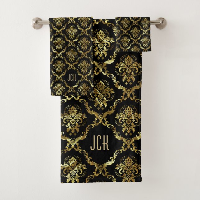 Conjunto De Toalhas Black And Gold Floral Damasks Monogram (Insitu)