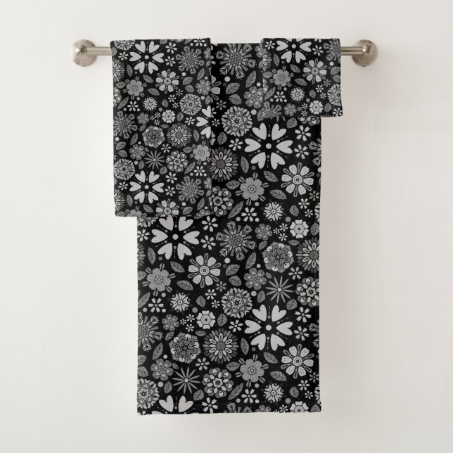 Conjunto De Toalhas Black And Gray Retro Floral Art Seamless Pattern  (Insitu)
