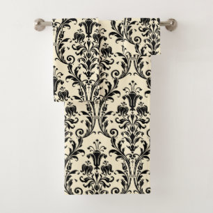 Conjunto De Toalhas Black Floral Damask On Creamy Beige Vanilla