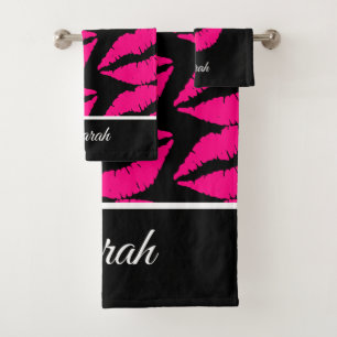 Conjunto De Toalhas Black Girly Lipstick Monograma Nome Banheiro