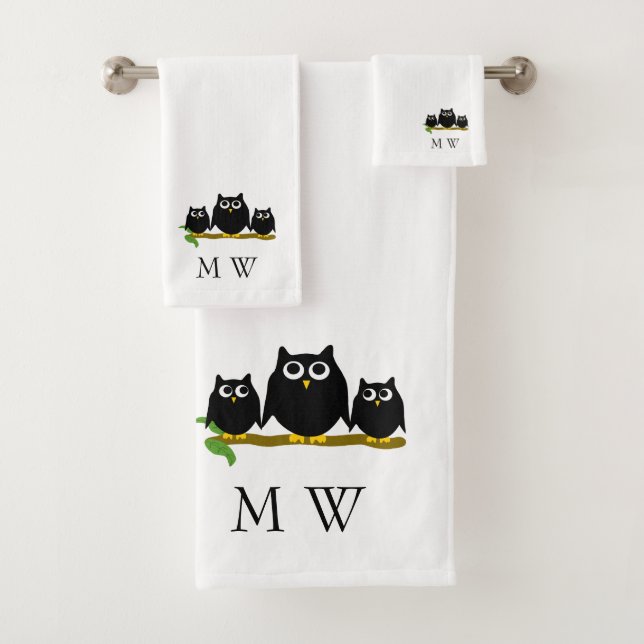 Conjunto De Toalhas Black Owls Design Monogramado (Insitu)