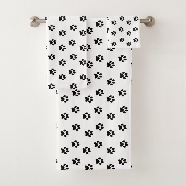 Conjunto De Toalhas Black Pet Paws Pattern on White (Insitu)